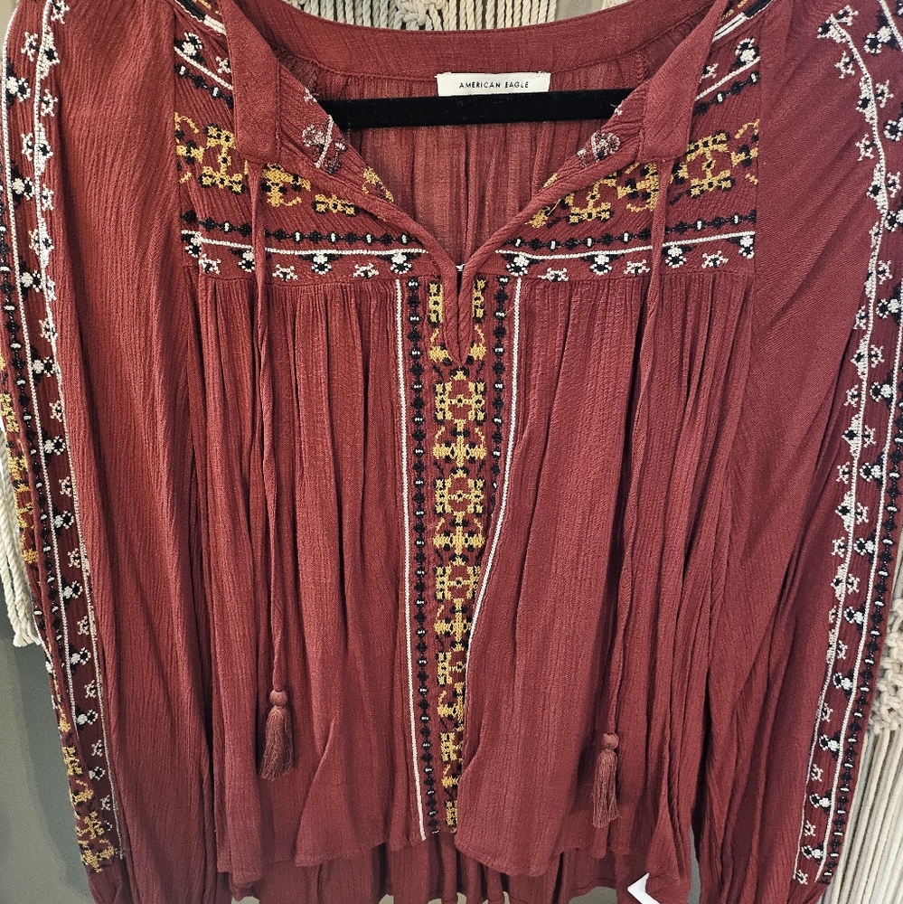 American Eagle Outfitters Women's Burgundy Embroidered Top